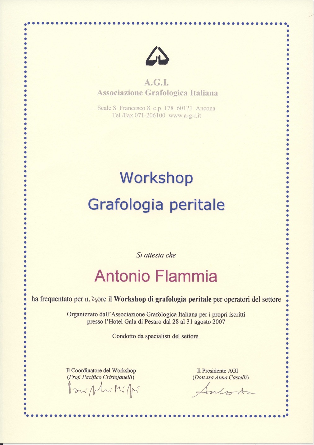 Attestato Workshop Grafologia Peritale Pesaro 2007